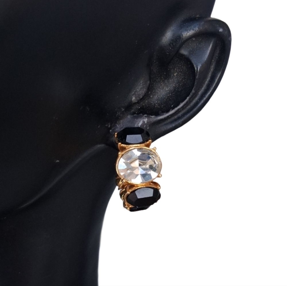 Vintage MONET Gold Tone Rhinestone C-Hoop Earrings - Black & Clear Crystals
